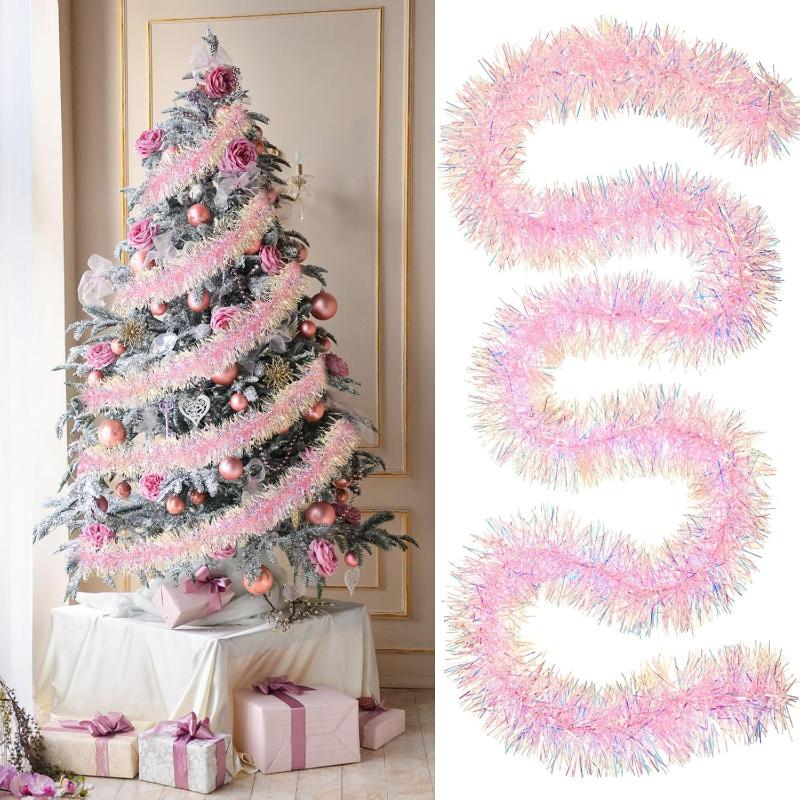 Tinsel Garland Decoration - 1/3/5 ชิ้น สายรุ้งคริสต์มาสสีชมพูยาว 2 เมตร ประดับเลื่อมเมทัลลิก
