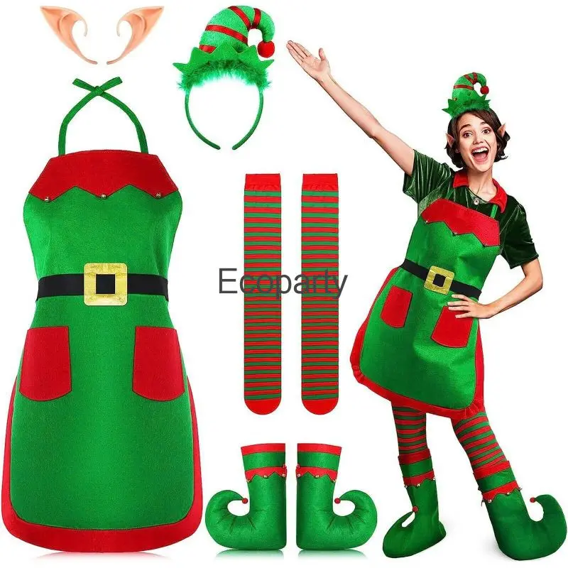 Elf Costume Christmas - ชุดคริสต์มาสสำหรับผู้หญิง ชุดคอสเพลย์เอลฟ์คริสต์มาส ผ้ากันเปื้อน หมวกซานต้า ถุงน่องลายทาง ที่คลุมรองเท้า