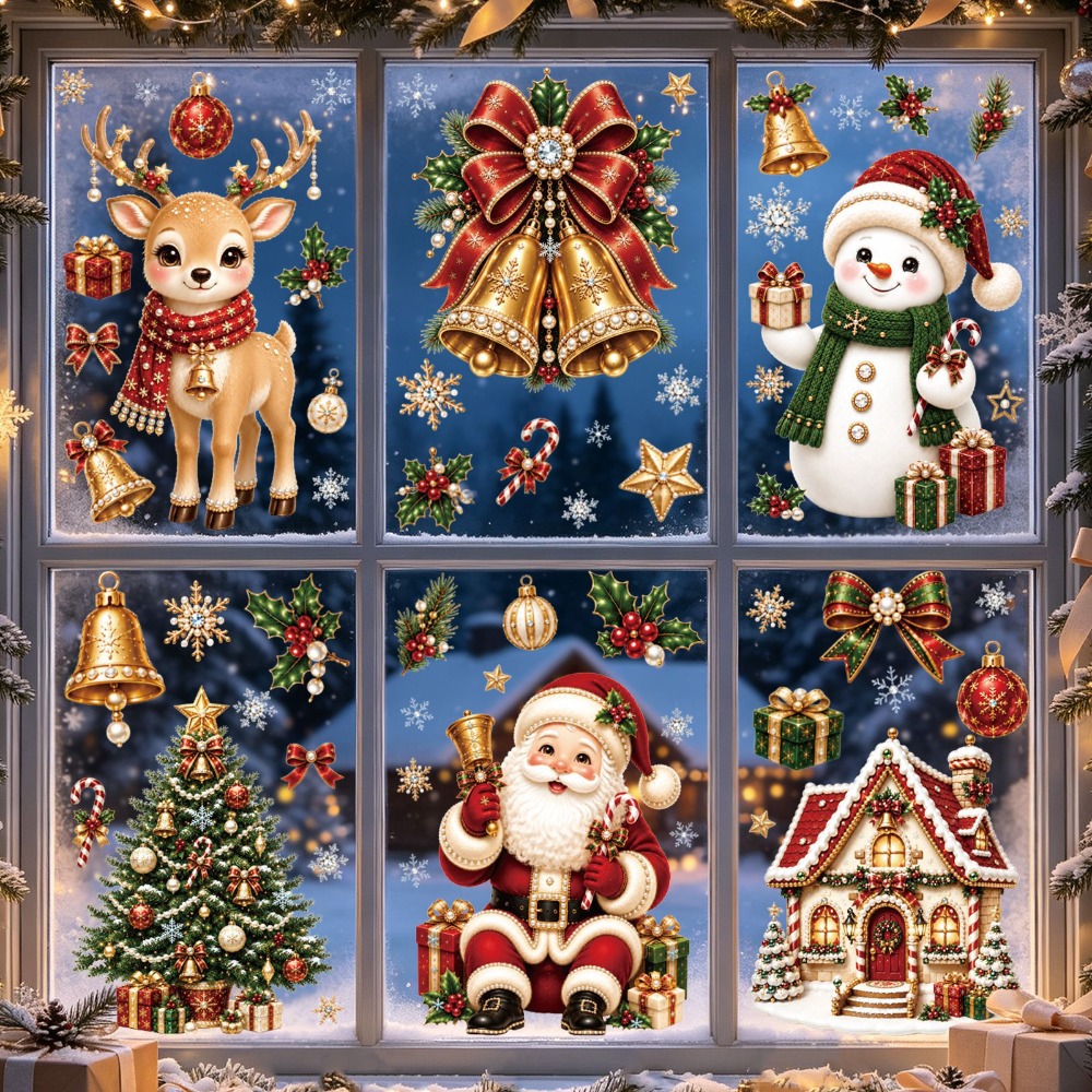 Snowflake Window Decal - สติ๊กเกอร์ติดหน้าต่างคริสต์มาส 2027 ลายน่ารัก ซานต้า กวางเรนเดียร์ มนุษย์หิมะ