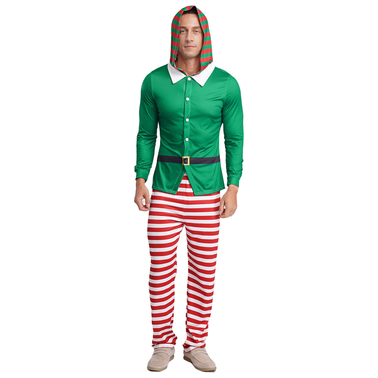 Elf Costume Christmas - ชุดคอสเพลย์เอลฟ์คริสต์มาสสำหรับผู้ชาย ชุดนอนวันคริสต์มาสอีฟและปีใหม่ เสื้อแขนยาวมีฮู้ดพร้อมกางเกงลายทาง ชุดนอนใส่ในบ้าน